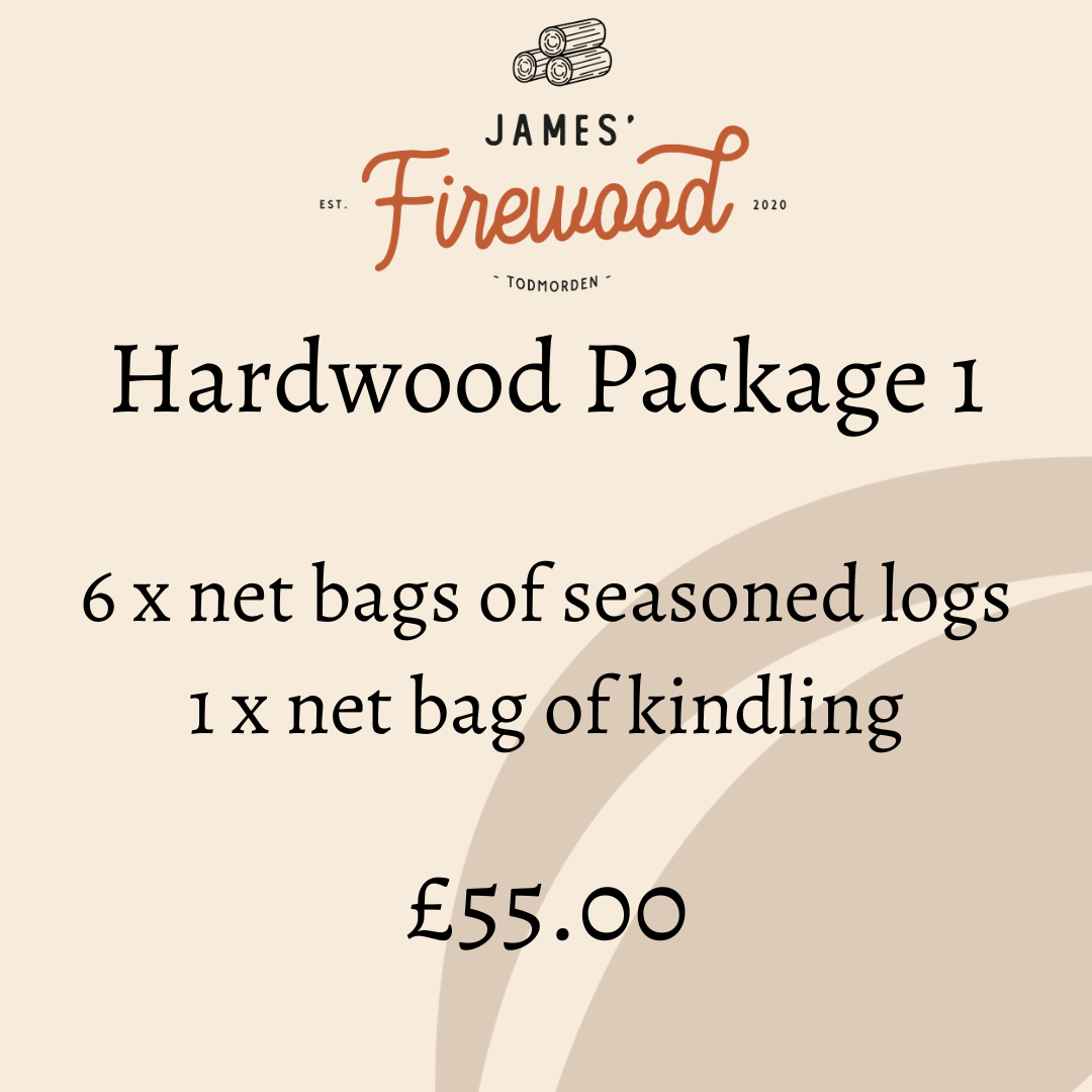 PACKAGE 1 - 6 x Net Bags of Hardwood Logs, 1 x Net Bag of Kindling