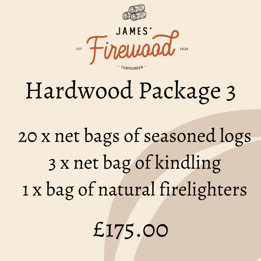 PACKAGE 3 - 20 x Net Bags of Hardwood Logs, 3 x Net Bags of Kindling, 1 x Bag of Natural Firelighters (Copy)