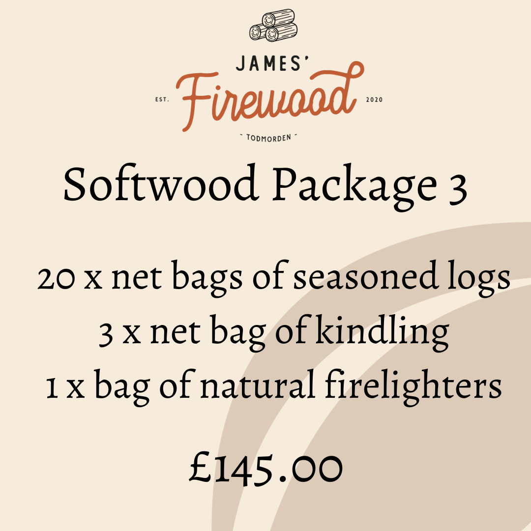 PACKAGE 3 - 20 x Net Bags of Softwood Logs, 3 x Net Bags of Kindling, 1 x Bag of Natural Firelighters